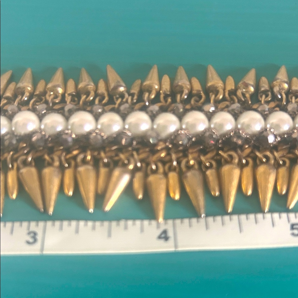 Stella & Dot Edgy Gold Tone Pearl Hematite Encrusted Spike Fringe Bracelet - Picture 5 of 9